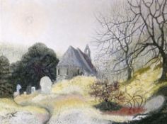 DAPHNE HURN oil on board - Pembrokeshire church and churchyard with winter sun and trees,