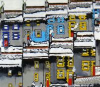 HOWELL DAVIES acrylic on board - colourful South Wales terraced houses entitled verso 'Winter,