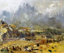 GARETH PARRY oil on canvas - Snowdonia mountains with weather front, entitled on Oriel Tegfryn