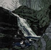 ANN LEWIS limited edition (5/15) linocut - Pistyll Cain, signed in full, 33 x 33cms