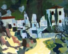 GWILYM PRICHARD gouache - Greece with whitewashed buildings and houses, trees and lane, entitled