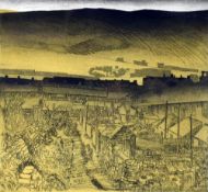 GEORGE CHAPMAN coloured etching - rear lane of valleys terraced houses, preliminary drawing for '