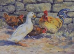 DONNA CRAWSHAW watercolour - cockerel, hen and duck, signed, 27 x 37cms