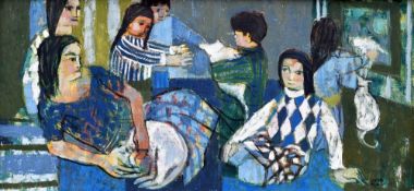 CLAUDIA WILLIAMS oil on board - interior scene with seven family figures, signed and dated 1964,