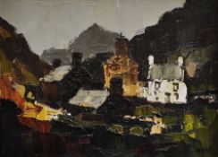 DONALD McINTYRE oil on board - Snowdonia cottages with mountains beyond, signed with initials, 29