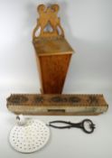 A WELSH PINE CANDLEBOX, METAL SALT-CUTTERS, ENAMEL MILK SKIMMER & PINE SILK PRINTER Provenance: by