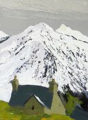 WYNNE JENKINS oil on canvas - upland Snowdonia cottage in winter, entitled verso 'Mae'n oer yn Eryri