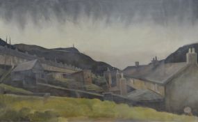 GEORGE CHAPMAN oil on canvas - sloping South Wales Valleys terraces and back-gardens, 75 x 120cms