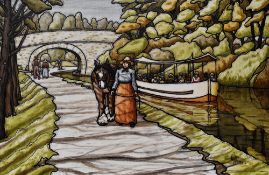 ALAN WILLIAMS oil on canvas - female leading horse along canal side with passing pleasure boat,