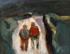 WILL ROBERTS oil on board - two figures walking in conversation, signed with initials, dated 1990,