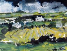 JOHN KNAPP FISHER watercolour - view across fields toward white washed cottages with dark sky,