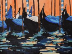 GWYN OWEN oil on board - moored gondolas, signed and dated 2010, 31 x 40cms