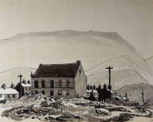 SIR KYFFIN WILLIAMS RA early period inkwash - Gerlan chapel near Bethesda, Gwynedd with the village,