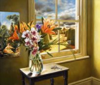 SALLY MOORE oil on board - of narrative form and being an interior with fresh flowers in a vase