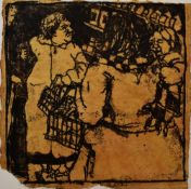 ELERI JONES mono-print on hand-made paper - three figures shopping, 26 x 26cms