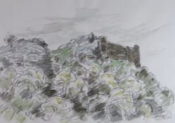SIR KYFFIN WILLIAMS RA pencil and colourwash - Carmarthenshire landmark of Carreg Cennen Castle,