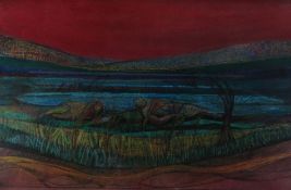 MARY FOGG pastel and mixed media - two figures lying at the water's edge, entitled verso '