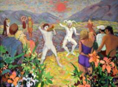 OLWEN TARRANT oil on canvas - figures dancing under sunset, entitled verso 'Summer Solstice',
