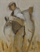 WILL ROBERTS oil on board - standing waistcoat attired farmer, entitled verso 'Sharpening the