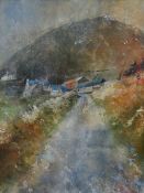 ROB PIERCY mixed media - Welsh mountain scene with track to farmstead, signed in full and entitled