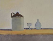 GARETH THOMAS acrylic - still-life of three vessels on a table, entitled verso 'Three Objects',