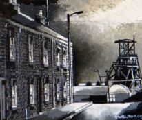 HOWELL DAVIES acrylic on board - South Wales valley terraced houses and colliery winding gear,