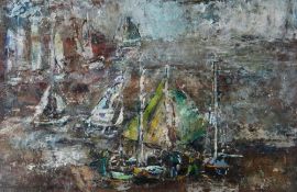 TERRY SETCH oil & encaustic wax on board - sailing scene, entitled verso 'Tide Water I', 1992, 30