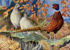 CHARLES FREDERICK TUNNICLIFFE RA OBE watercolour - a strutting male pheasant and onlooking female