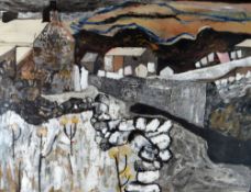 MARY LLOYD-JONES mixed media - river running between cottages with drying washing, entitled verso on