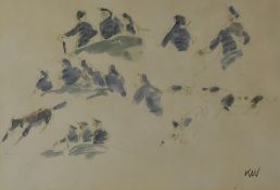 SIR KYFFIN WILLIAMS RA preparatory sketch - shepherds with their dogs, signed with initals, 19 x