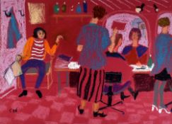 CLAUDIA WILLIAMS pastel - figures 'Waiting for Mum at the Hairdressers', signed with initials and