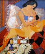 CLAUDIA WILLIAMS oil on canvas - mother breast-feeding baby in bed next to her breakfast of boiled