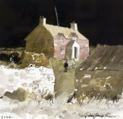 JOHN KNAPP FISHER watercolour - figure and cottage at night with sheer black sky, entitled verso '