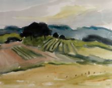 SIR KYFFIN WILLIAMS RA watercolour - Continental scene with trees and crops, signed with initials,