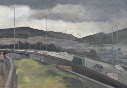 GEORGE CHAPMAN oil on canvas - figure, busy road and town beyond, entitled verso 'Motorway', signed,