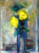 LEONARD BEARD oil on panel - still life of yellow flowers in a vase, signed, 35 x 27cms