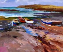 DONALD McINTYRE acrylic - coastline and headland with five colourful boats, entitled verso 'Boats on