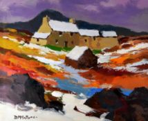 DONALD McINTYRE oil / acrylic - farmstead with hill in the background under some snow, signed in