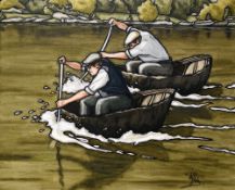 ALAN WILLIAMS oil on canvas - two coracle men entitled verso 'Two Paddlers', signed, 45 x 55cms