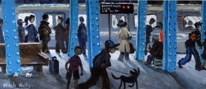 NICK HOLLY acrylic - busy station platform, entitled verso 'Downtown Train, NYC', signed, 16 x