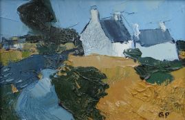 GWILYM PRICHARD oil on canvas - farmstead and lane with yellow fields, signed with initials,