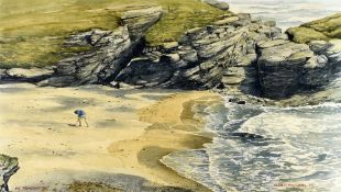 IEUAN WILLIAMS watercolour - coastal cove with figure baiting, signed and dated 1985 and entitled '