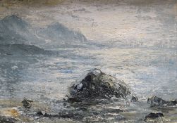 GWYN TOMOS oil on canvas - view across water and entitled verso 'Yr Eifl (from Aberdesach)',
