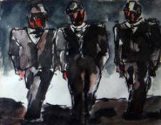 JOSEF HERMAN watercolour - three standing figures in helmets, signed and entitled verso 'Three