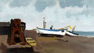 DONALD McINTYRE acrylic / oil - beached boats with winding gear, 15 x 26.5cms Provenance: declared