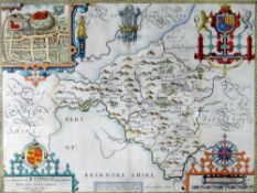 CHRISTOPHER SAXTON coloured antique map of 'The Countie of Radnor…' with town plan and crest, 39 x