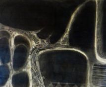 ERNEST ZOBOLE mixed media - semi-abstract landscape, entitled verso on old Attic Gallery, Swansea