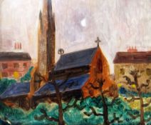 MERVYN LEVY oil on board, unframed - church scene, Redcliffe Gardens, signed, with painting verso