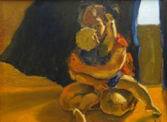 KEVIN SINNOTT oil on canvas - kneeling figure embracing a child protectively, signed with