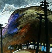 NICK HOLLY oil on board - South Wales landscape with terraced houses and telegraph poles,